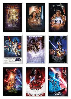 the star wars movie posters are shown in multiple sizes and colors, including one for each character