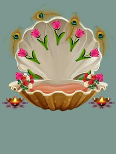 a shell with flowers and peacocks on it is sitting in front of a blue background