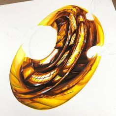 an abstract painting on white paper with yellow and brown swirls