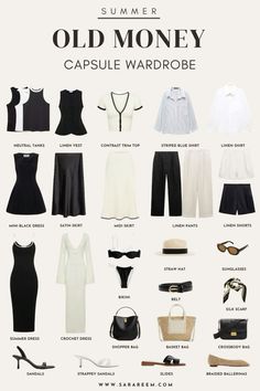 Old money capsule wardrobe Classy Woman Aesthetic Outfit, Tops For Capsule Wardrobe, Classy Fashion Outfits Summer, Old Fashion Outfits Ideas, Summer Elegance Outfit, European Old Money Aesthetic Outfits, Summer Fashion Essentials, New Money Summer Outfits, Outfit Ideas Summer Old Money