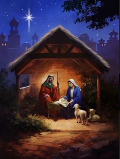 a painting of two people in a manger scene