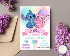 a pink and blue birthday card with an image of two cartoon characters hugging each other