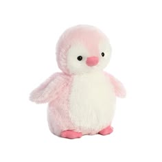 a pink and white stuffed penguin on a white background