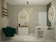 a white and gold bathroom with green chairs