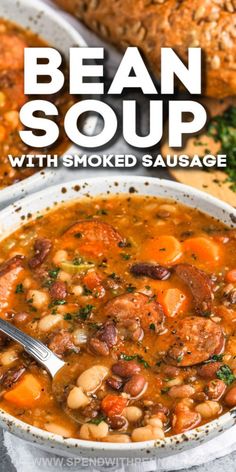 bean soup with smoked sausage in a white bowl