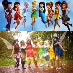 four different pictures of women dressed in fairy costumes, and one has an image of tinkerbells