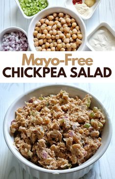 the ingredients for mayo - free chickpea salad are shown in bowls and on plates