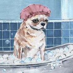 a painting of a dog sitting in a bathtub with bubbles on the floor and wearing a pink hat