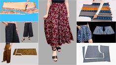 several different types of skirts are shown in multiple pictures, including one woman's skirt and