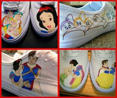 Disney's Snow White and The Seven Dwarfs themed shoes Snow White Crafts, Shoes Template, White Converse Shoes, Shoe Template, Snow White Disney, Disney Wall, Shoe Crafts