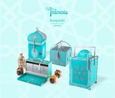 an advertisement for a teal colored product with decorative items in the shape of cages