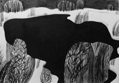 a black and white drawing of an animal in the snow with trees behind it,