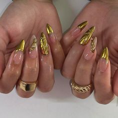 Nails For March, March Nails Ideas, Stiletto Shaped Nails, Gold Manicure, Long Almond Nails, Drip Nails, Edgy Nails, Nails Today, Studded Nails