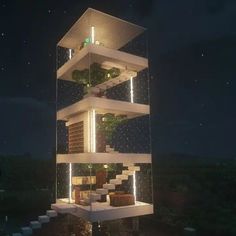 a very tall building with lots of windows and plants on it's sides at night