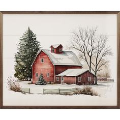 a painting of a red barn in winter with snow on the ground and trees around it