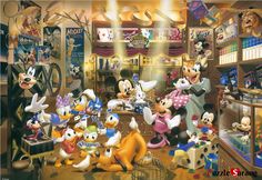 a group of cartoon characters in a store with mickey mouse on the floor and other disney characters