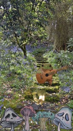 an artist's rendering of a forest with mushrooms and a guitar in the foreground