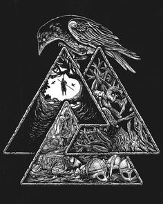 an image of a triangle with two birds on it and skulls in the bottom corner