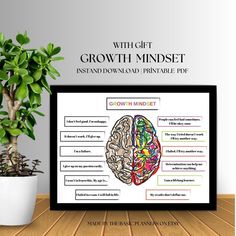 the growth minds poster is displayed next to a potted plant on a wooden table