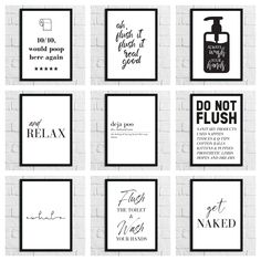 six black and white bathroom wall art prints with the words do not flush, don't