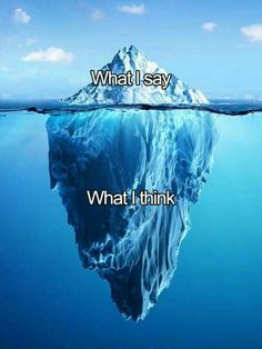 an iceberg floating in the ocean with text that reads, what i say what i think