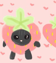 a drawing of a strawberry with a black cat on it's head and two hearts in the background