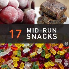 some food that is on top of a plate and in front of the words, 17 mid - run snacks