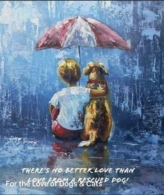 a painting of two people sitting under an umbrella in the rain, with one person holding their dog