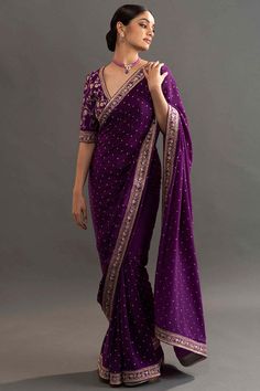 Luxury Purple Saree With Weaving Work, Luxury Purple Georgette Saree, Luxury Purple Chanderi Saree, Luxury Purple Saree With Intricate Embroidery, Luxury Purple Pre-draped Saree With Zari Work, Luxury Purple Saree With Border, Luxury Purple Pre-draped Saree For Diwali, Luxury Purple Saree Gown, Luxury Embroidered Purple Pre-draped Saree