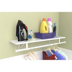 a shelf that has some cleaning products on it