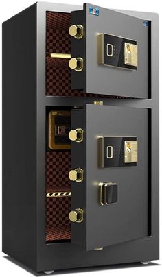 two safes are shown side by side with the door open and one is closed