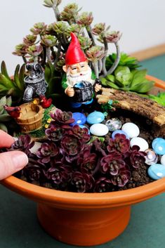 a potted plant filled with plants and gnome figurines