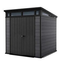 a black shed with the door open and windows on it's side, in front of a white background