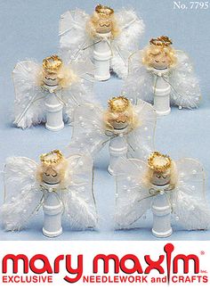 six small angel figurines with white wings and gold glitter on their heads are shown in front of a blue background