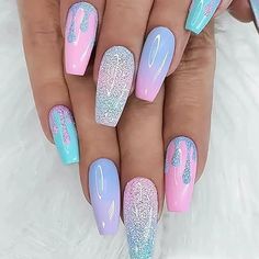 Colorful Ice Cream Design, Glossy Full Cover Fake Nails, 24 Pcs Nails For Vacation Beach Tropical, Nail Making, Cotton Candy Nails, Fake Nails Long, Nails Kit, Ballet Nails, Shape Nails, Glitter Rosa, Pink Clothes