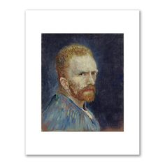 a painting of a man with a red beard and blue shirt in front of a black background