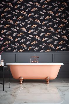 Bathroom wall panelling with patterned wallpaper and colourful bath Wallpaper In Bathroom, Modern Home Decor Bathroom, Statement Wallpaper, Apple Iphone Wallpaper, Apple Iphone Wallpaper Hd, Graham Brown, Wallpaper Bathroom, Downstairs Loo, Bold Wallpaper