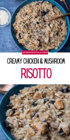 creamy chicken and mushroom risotto in a blue bowl