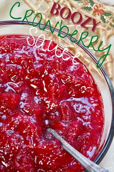 a glass bowl filled with cranberry sauce