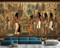 an egyptian mural in a living room