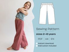 Do develop your new DIY project and feel the satisfaction of making things from the very beginning!  How about producing comfortable little pants for a girl? The team of LinenCloud invites you to study the schemes of the pants for girls which we call the Polly pants, and produce cool little trousers for the little Princess!  It's a quick and simple sewing project - do it yourself and begin developing your sewing skills step by step! SIZES: This PDF sewing pattern for the little pants is being designed for 8 sizes according the age of the child (3-10 years old). All the detailed measurements of the pants are being provided in the instructions file which you'll be able to download after the purchase. DIFFICULTY: We take the difficulty level of this project is 3 stars out of 5, so it is perfe Comfy Pants Pattern, Kids Pants Pattern, Trouser Pants Pattern, Trousers Pattern, Baby Mode, Pants Sewing, Sewing Patterns Girls, Trendy Girls Outfits, Pants Sewing Pattern