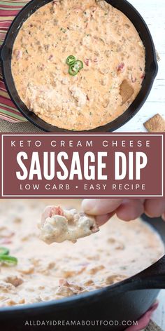 keto cream cheese sausage dip in a cast iron skillet with text overlay