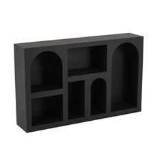 a black shelf with three shelves on one side and two open spaces on the other