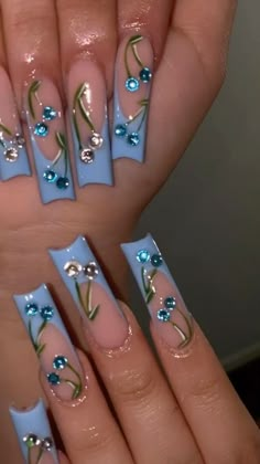 Blue Rhinestone Nails, Cherry Nails, Colored Acrylic Nails, Dope Nail Designs, Acrylic Nails Coffin Pink, Unique Acrylic Nails, Bling Acrylic Nails, Pink Acrylic Nails, Square Acrylic Nails