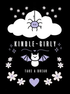 a black and white poster with a bat flying in the sky next to daisies