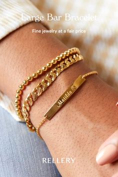 Your new wardrobe staple is here. Our bar and name bracelets are designed in such a way that you’ll never want to take it off. Women's bracelets 2020, Women's gold bracelets, Trendy gold bracelet, Gold bracelet for women, Casual Jewelry, Women's jewelry, Fashion Accessories, Wedding Bracelet, Sophisticated Style, Aesthetic gold jewelry! 
#bracelet #jewelry #jewelryfashion #rellery #womensjewelry #goldbracelet Personalized Yellow Gold Rectangular Name Bracelet, Personalized Rectangular Yellow Gold Name Bracelet, Classic Rectangular Name Bracelet, Tarnish Resistant, Classic Tarnish Resistant Name Bracelet, Personalized Rectangular 14k Gold Bracelets, Classic Personalized Rectangular Bracelets, Classic Gold Name Bracelet, Classic Personalized Rectangular Bracelet, Elegant Rectangular Bracelets With Name Detail