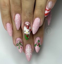 Aesthetic Christmas Nails Acrylic, Hello Kitty Nails Christmas, Kawaii Christmas Nails, Hello Kitty Christmas Nails, Paznokcie Hello Kitty, Seasonal Nails