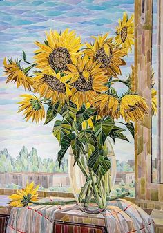 a painting of sunflowers in a vase sitting on a table next to a window