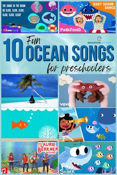 an advertisement for children's ocean songs with images of people and animals in the background