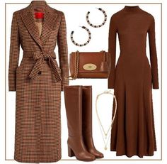 Winter Work Dresses, Brown Dress Winter Outfit, Dresses With Boots Outfits, Brown Dress Outfit, Lily Bag, Outfit Links, Long Outfit, Check Coat, Brown Outfit